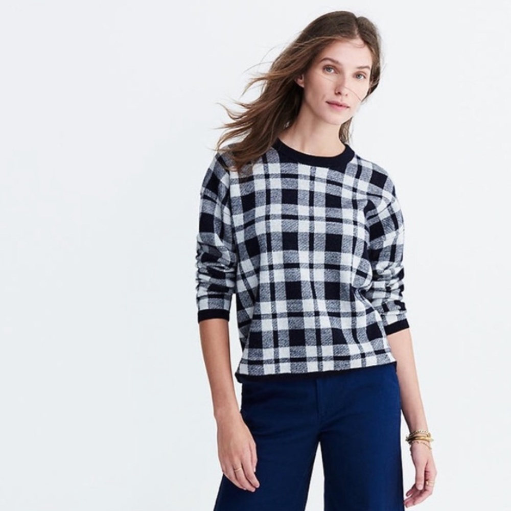 Madewell Navy Plaid Button Back Knit Sweater
